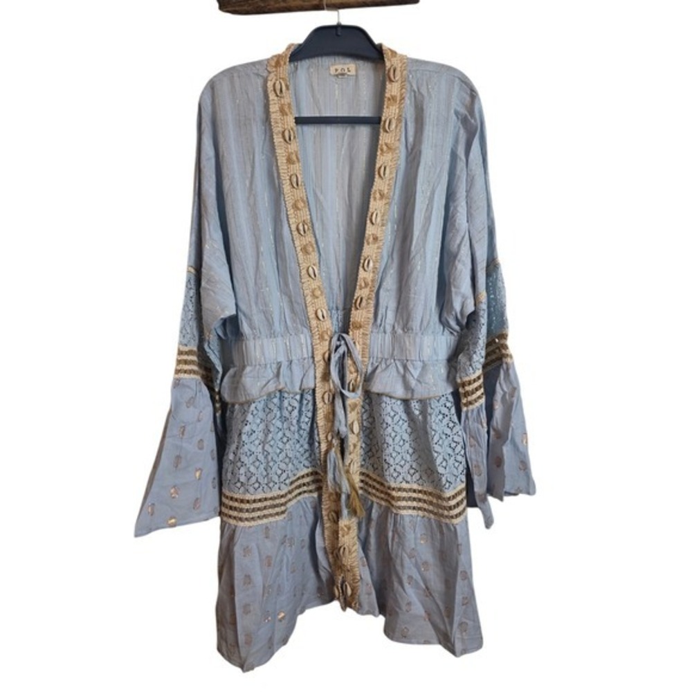 POL Cardigan Women Large Blue Gold Metallic Lace Shell Trim Boho SMQG2 - Picture 3 of 17